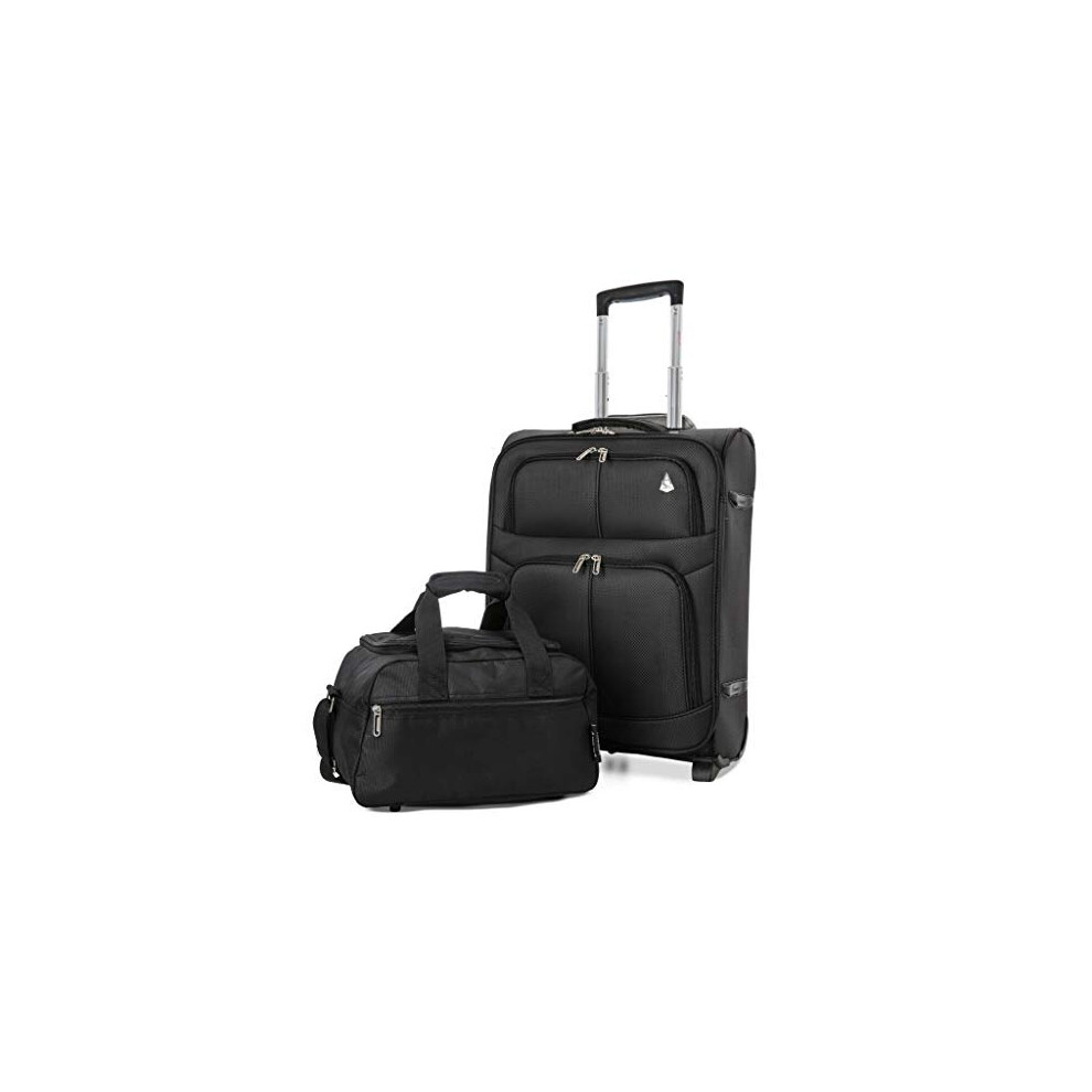 Aerolite 55x40x20 Expandable 42L Suitcase Carry-On Cabin Luggage Trolley + 40x20x25 Ryanair Cabin Travel Bag Set (Black + Black)