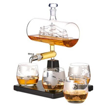 Oak & Steel - Whiskey Decanter Glass Spirit Dispenser, Wine Rum Carafe Ship Design Glasses Gift Set - 1000ml