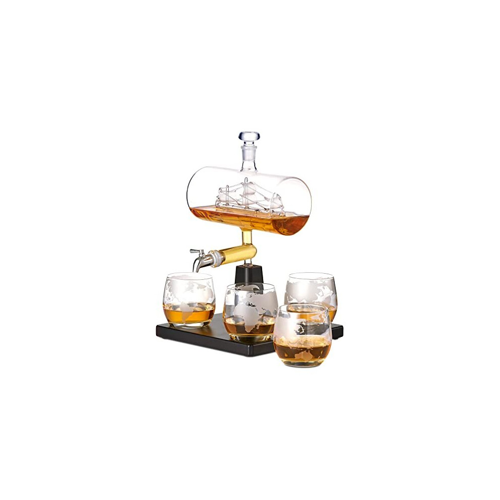 Oak & Steel - Whiskey Decanter Glass Spirit Dispenser, Wine Rum Carafe Ship Design Glasses Gift Set - 1000ml