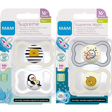 MAM Supreme Dental Dummy 16 Months Plus, Pack of 4 for 16 +, Thin Teat - Orthodontic Soother, Skin-Friendly with Extra air Flow, incl. sterilisin