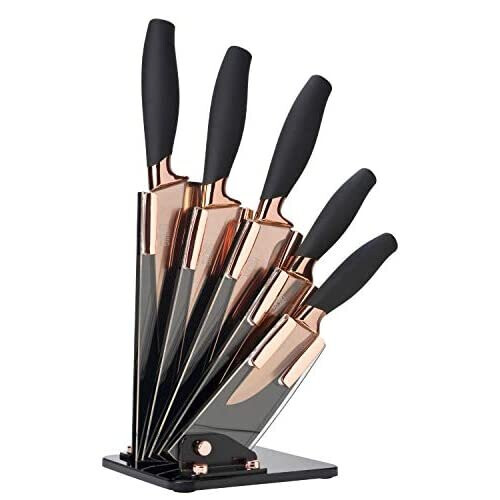 5pc Kitchen Knife Set & Block - Brooklyn by Taylors Eye Witness. Rose Gold Coloured Bolsters, Finely Ground Razor Sharp Stainless Steel Matc