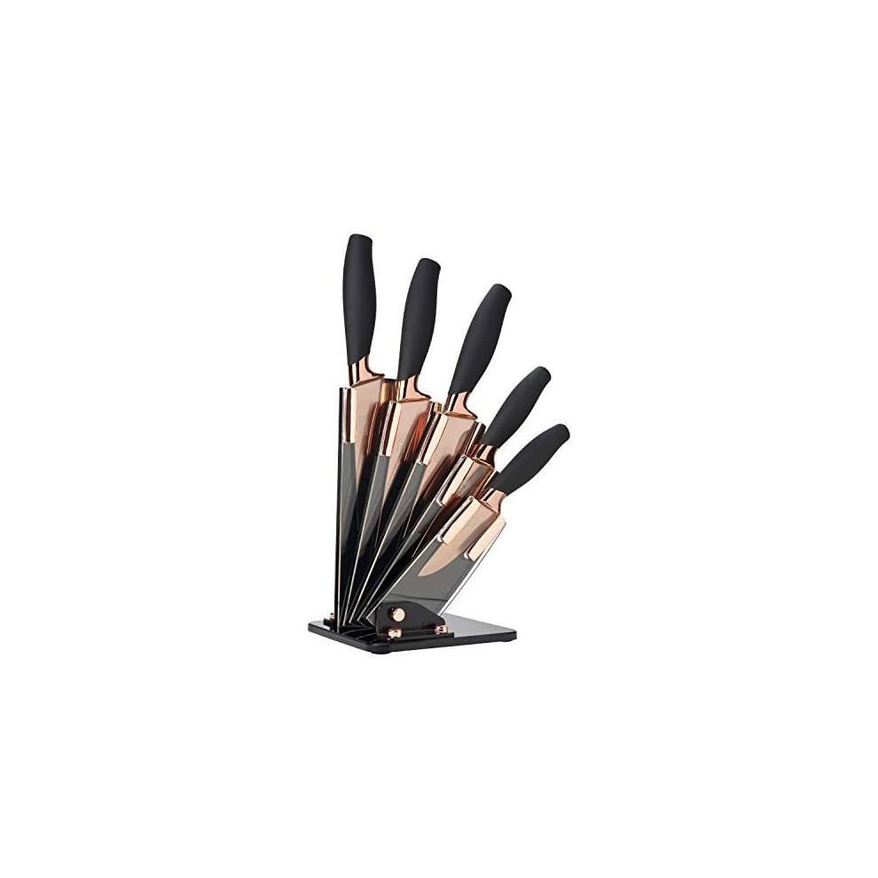5pc Kitchen Knife Set & Block - Brooklyn by Taylors Eye Witness. Rose Gold Coloured Bolsters, Finely Ground Razor Sharp Stainless Steel Matc