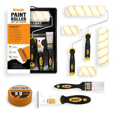 RAULDE 10 Pieces Paint Roller Set - Includes a Paint Tray, Brush, Large and Mini Rollers & Sleeves, Paint Repellent Masking Tape, Multipurpo