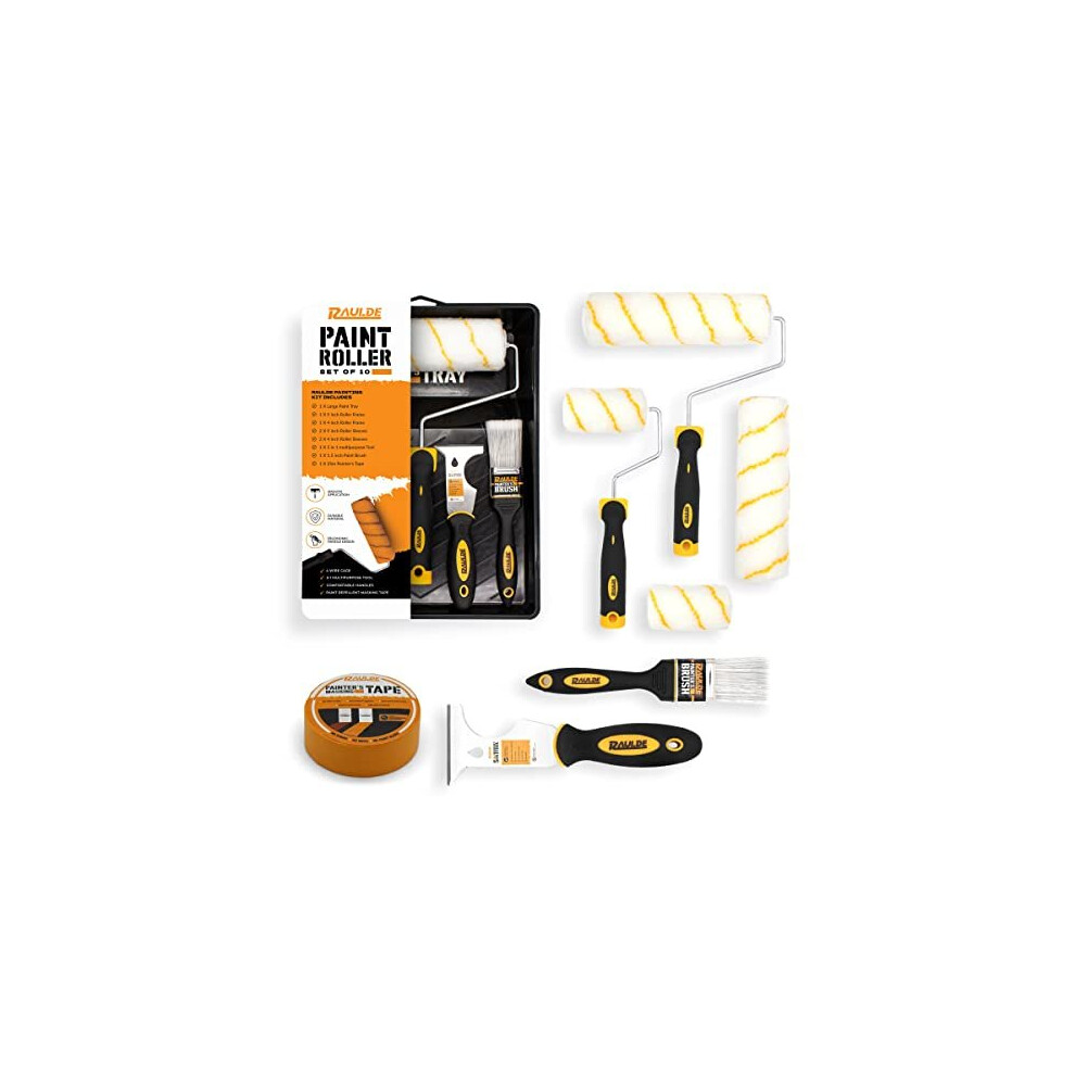 RAULDE 10 Pieces Paint Roller Set - Includes a Paint Tray, Brush, Large and Mini Rollers & Sleeves, Paint Repellent Masking Tape, Multipurpo