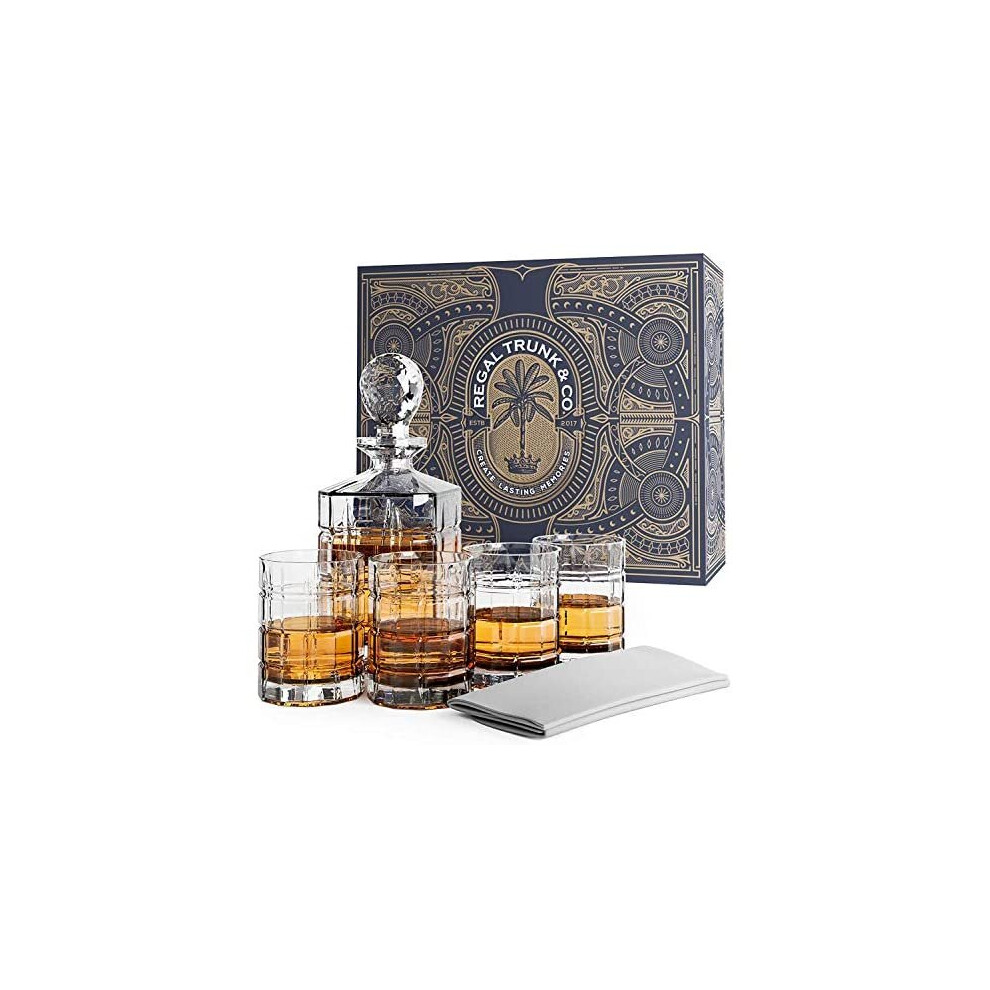 REGAL TRUNK & CO. Whiskey Decanter Sets | 4 Square Engraved Tumblers Whisky Decanter & Glass Set | Crystal Decanter Set Bourbon and Scotch |