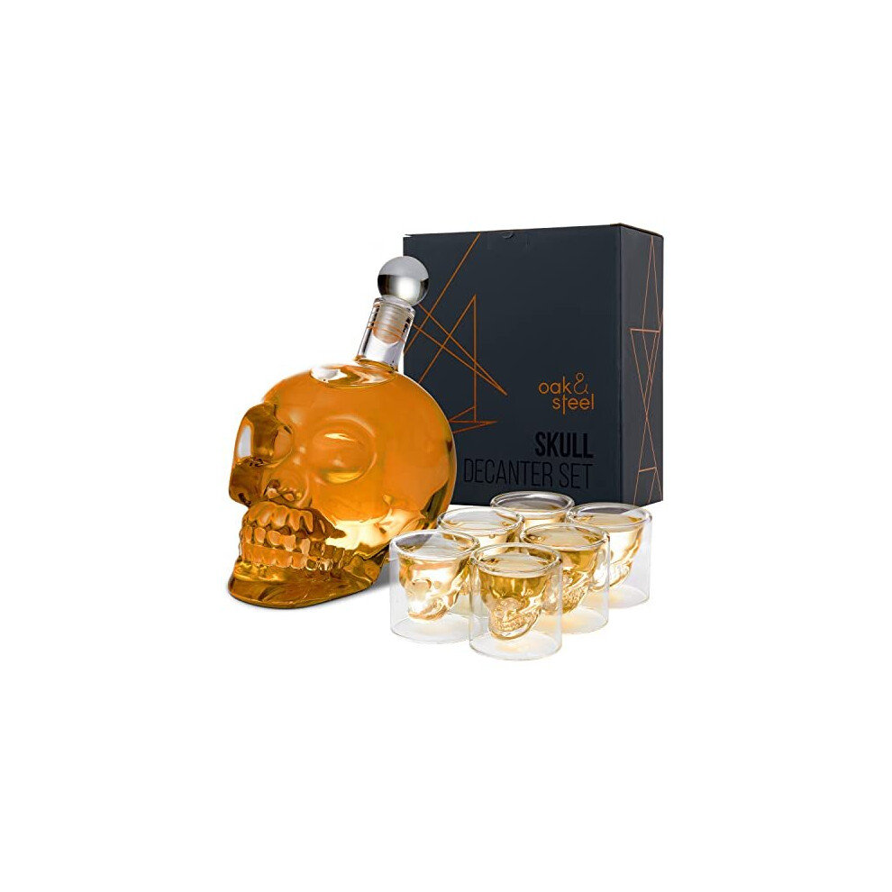 OS Oak & Steel ENGLAND Skull Decanter & Glasses, Novelty Wine and Whiskey Dispenser Gift Set - 500ml