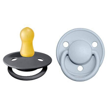 BIBS De Lux Soother 2-Pack, BPA Free Dummy Pacifier, Round Nipple. Natural Rubber Latex, Size 1 (0-6 Months), Iron / Baby Blue