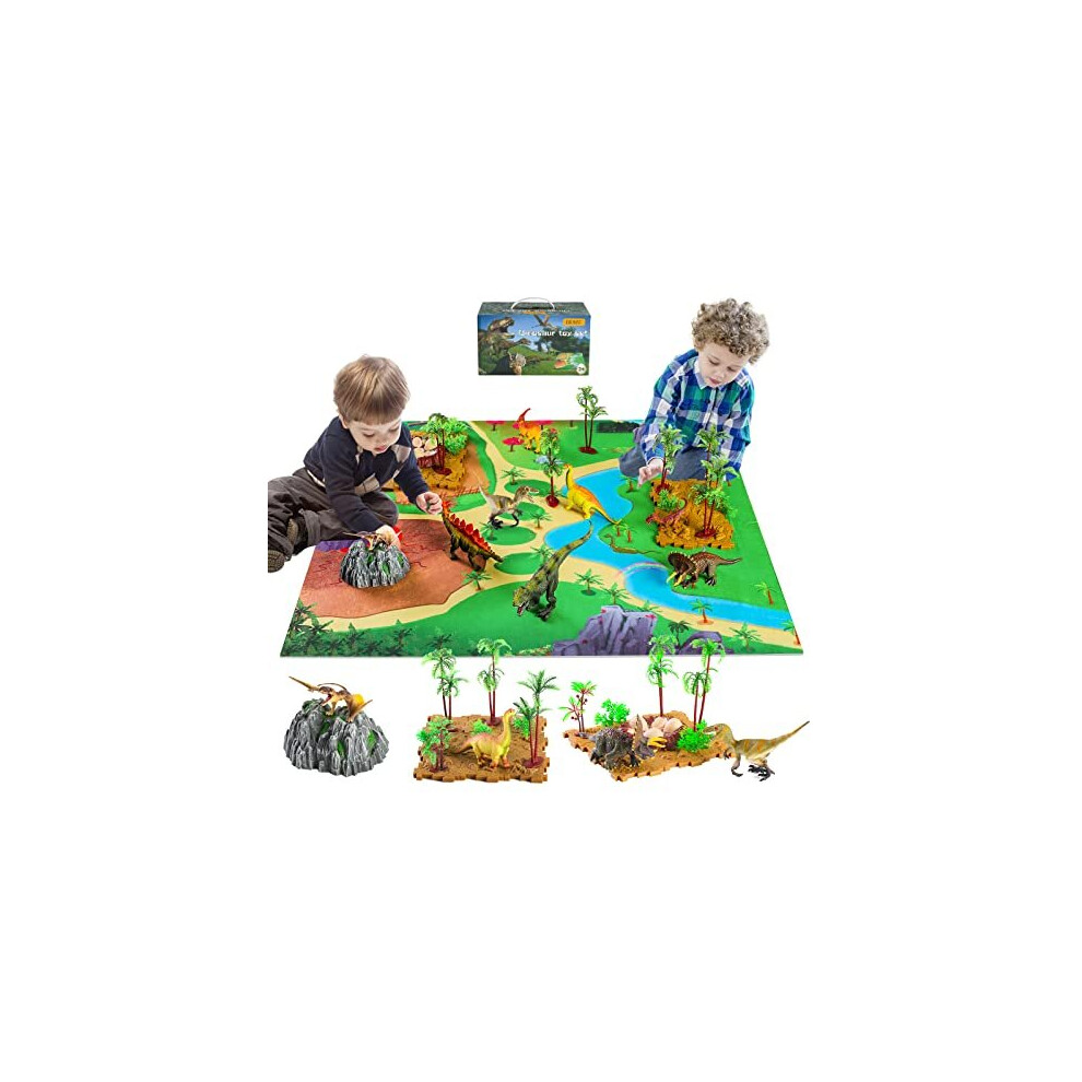 Dinosaur Toys with Play Mat, Rockery, Egg Nest, Soil Block*15, Trees*8, Grass*3 - Dino World & Educational, Including T-Rex, Triceratops, Ve