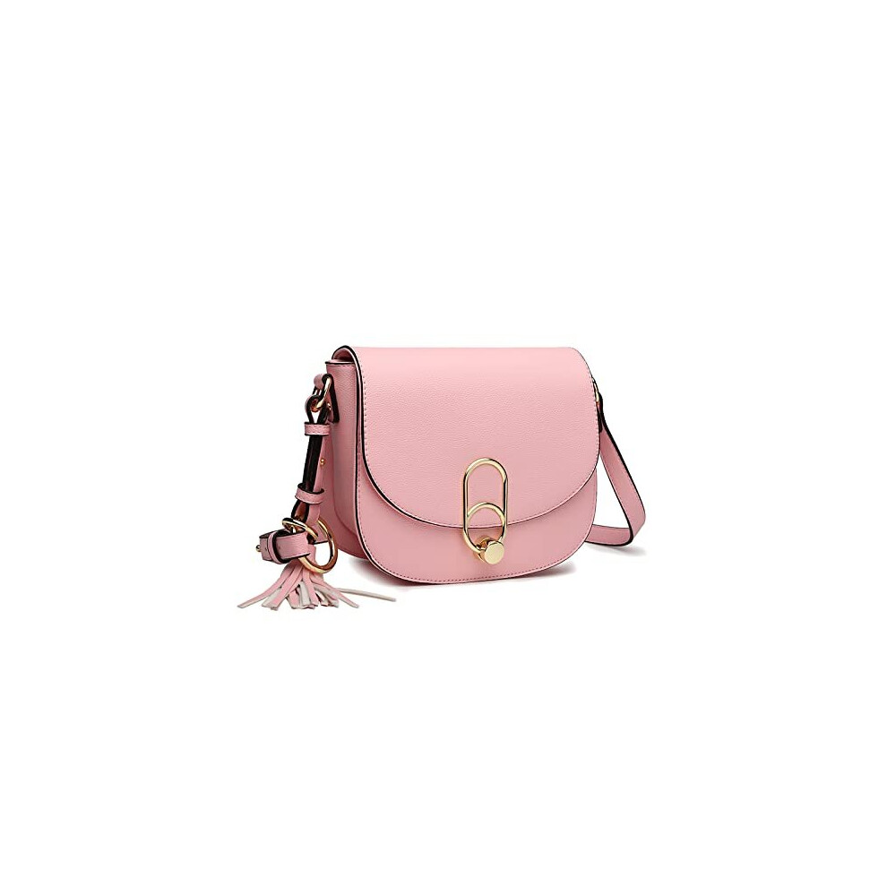 Miss Lulu Handbags Women Fashion Tassel Decoration Zipper Flap Small Shoulder Cross-Body Saddle Bag with Lock Closure