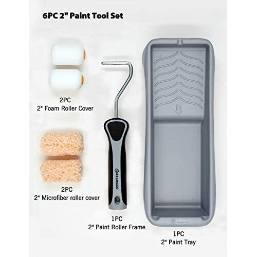 ROLLINGDOG 6 PC Mini Paint Roller Set Includes 1 PC Sturdy Paint Tray, 1 PC Paint Roller, Each 2 PCS Microfiber and High Density Foam Roller 1