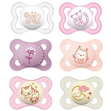 MAM Day and Night Silicone Dummies 0-6 Months GIRL Pack of 6 incl. 3 travel boxes