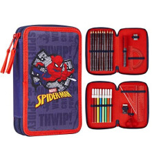 Marvel Spiderman Large Pencil Case, Filled Pencil Case with Coloured Pencils, Pencil Sharpener, Childrens Scissors, Colouring Pens, Triangle Rule