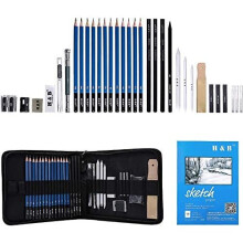 H & B 33-Piece Sketch Kit: Sketch Pad, Charcoal Pencils, 12 Pencils, Erasers, Sharpeners, Extender & Canvas