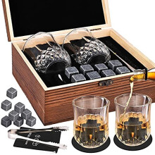 Whisky Stones and Glasses Gift Set, GOLDGE Whisky Granite Chilling Stones, 8 Whisky Stones + 2 Glazen + 2 Onderzetters (in Luxe Houten Doos),