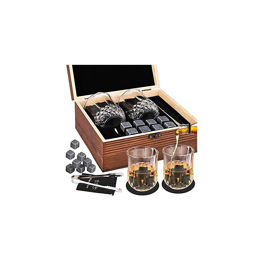 Whisky Stones and Glasses Gift Set, GOLDGE Whisky Granite Chilling Stones, 8 Whisky Stones + 2 Glasses + 2 Coasters (in Luxury Wooden Box),