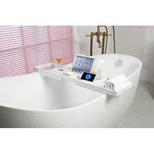 woodluv Luxury Extendable Bath Tub Caddy Bathroom Trays with Tablet Phone Slots, Candle Mug/Cup Holder, Bathroom Organiser, Extra Soap Holder - W