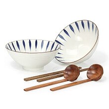 Japanese Porcelain Ramen Bowls, 1000ml Ceramic Soup Bowl with Wood Chopsticks Spoons (2 Sets), for Pasta Noodle Cereal Salad Soba Udon (A)