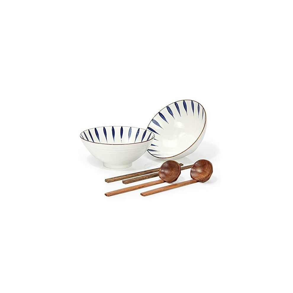Noble Createaprototype Japanese Porcelain Ramen Bowls, 1000Ml Ceramic Soup Bowl With Wood Chopsticks Spoons (2 Sets), For Pasta Noodle Cereal Salad Soba Udon (A)