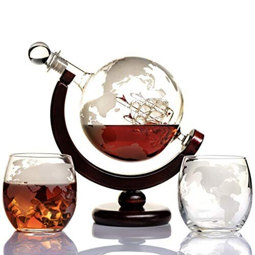 Whiskey Decanter Sets For En With Glasses, Etched World Globe Whiskey Gifts For Dad With 2
