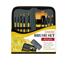 Exerz Acrylic Paint Brush Set 10 pcs Synthetic Hair Artist Professional Brushes in a Travel Case/Perfect for Acrylic Watercolour Gouache & Face P