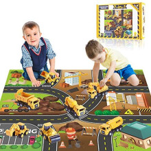 Yetech 7-1n-1 Construction Vehicles Toys Set with Play Mat - 7 Sturdy Engineering Trucks Toys, 27.6*31.5inches Play Mat, Christmas Birthday