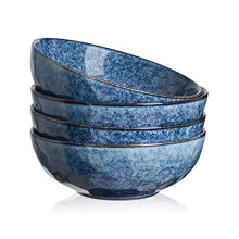 Vicrays Rice Dessert Cereal Bowls 4 Piece Stoneware Vintage Look Ceramic Blue Large Serving Bowl, Soup/Mixing/Fruit/Noodle/Ramen China Bowl,