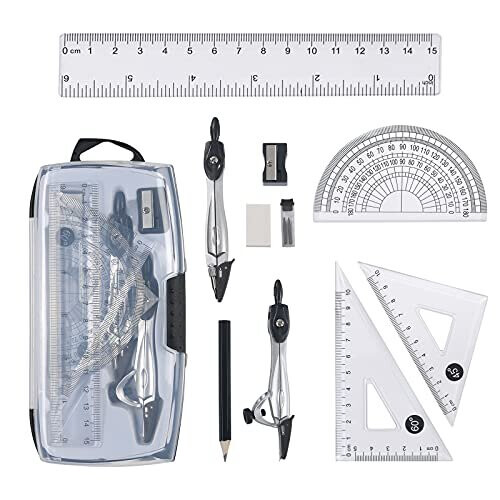 Vicloon Geometry Compass Set, 10pcs Maths Set in Carry Case, Educational Supplies wiht 2 Types Drawing Compasses, Maths Protractor Set, Ruler Set