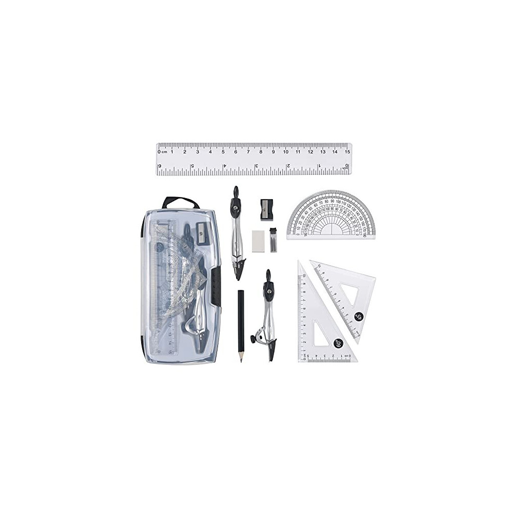 Vicloon Geometry Compass Set, 10pcs Maths Set in Carry Case, Educational Supplies wiht 2 Types Drawing Compasses, Maths Protractor Set, Ruler Set