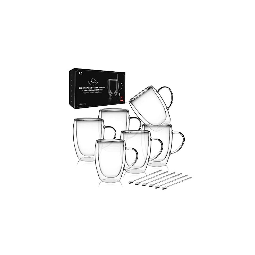 LIBWYS 6 Pack Double Walled Coffee Cups Glasses Mugs, Cappuccino Latte Tea Cups with Handle, Heat Resistant Cup Drinking Glasses 350ML Coffe