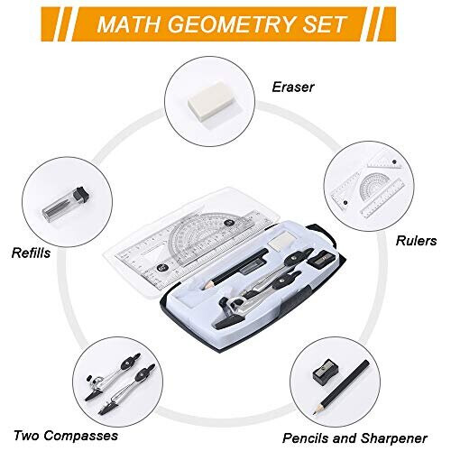 Vicloon Geometry Compass Set, 10pcs Maths Set in Carry Case, Educational Supplies wiht 2 Types Drawing Compasses, Maths Protractor Set, Ruler Set 1