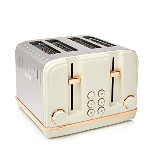 Haden Haden Salcombe Toaster - Electric Stainless-Steel Toaster with Reheat and Defrost Functions - Four Slice, 1900-2300W, Cream & Copper - CE05
