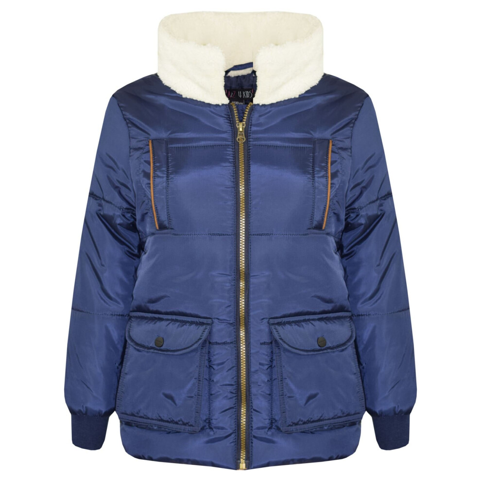 (5-6 Years, Navy) Girls Boys Parka Jacket Zipped Padded School Coats