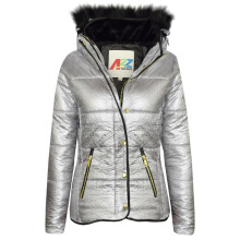 (11-12 Years, Foil Silver) Girls Foil Padded Puffer Bubble Fur Collar Jacket