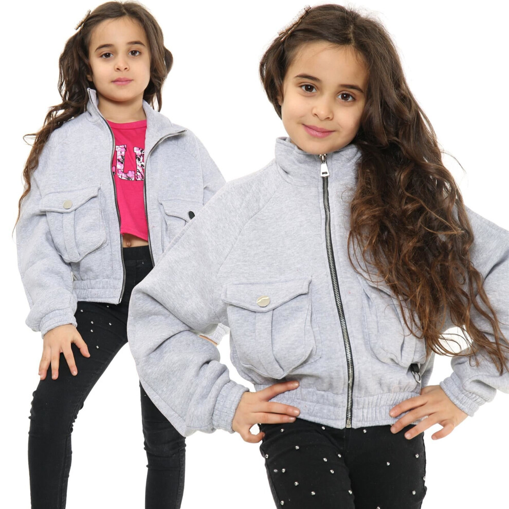 (11-12 Years, Grey) Kids Girls Plain Zip Up Jackets Collared Coats