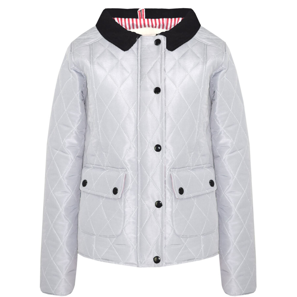 (9-10 Years, Grey) Girls Quilted Padded Collar Buttoned Zipper Jacket