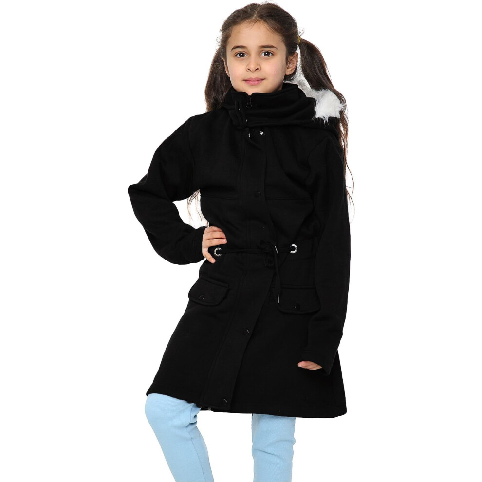 (7-8 Years, JK27 Black) Kids Girls Hooded Parka Jacket Faux Fur Warm Coat