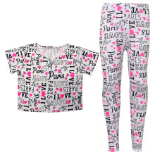 (9-10 Years, Crop & Legging Set) Girls Crop Top I Love Paris Print Two Piece Set
