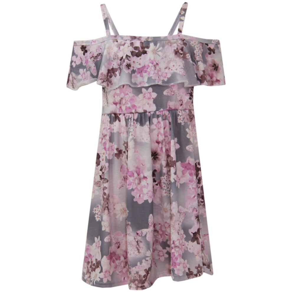 (11-12 Years, Lilac Floral Print) Girls Floral Lilac Party Off Shoulder Dresses 7-13