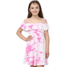 (9-10 Years, Tie Dye Pink) Girls Skater Dress Plain Color Off Shoulder Dresses