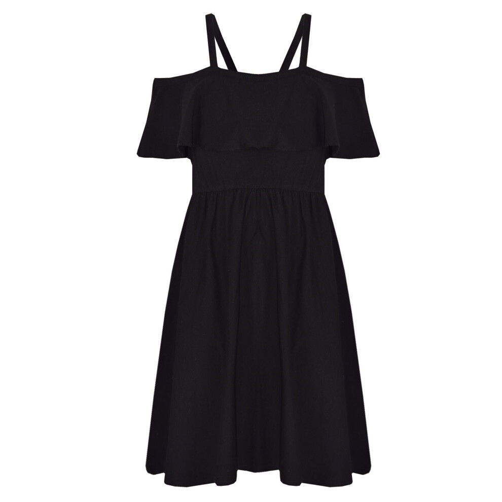(9-10 Years, Black) Girls Skater Dress Plain Color Off Shoulder Dresses
