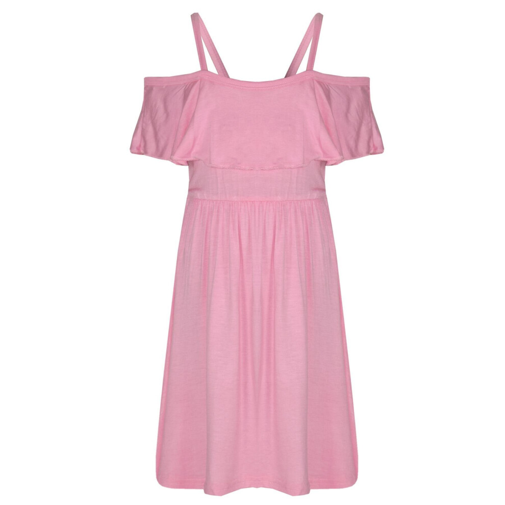 (13 Years, Baby Pink) Girls Skater Dress Plain Color Off Shoulder Dresses