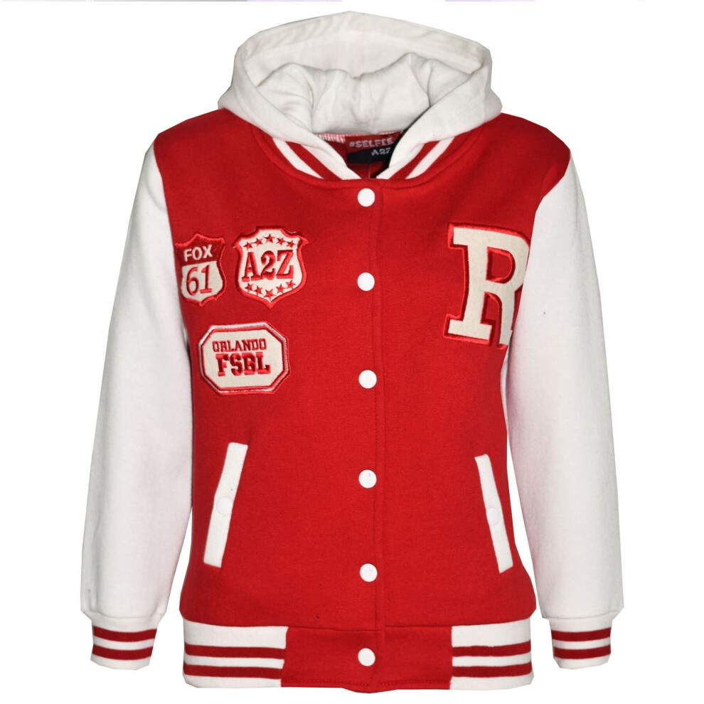 (11-12 Years, Red) Girls Boys Baseball R Fashion Jacket Varsity Hoodie