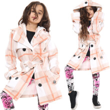 (7-8 Years, Stone Check) Girls Hooded Trench Padded Lapels Long Parka Jacket