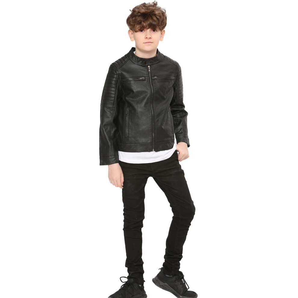 (13 Years, Black) Kids Boys Black Motorcycle Biker PU Leather Jacket