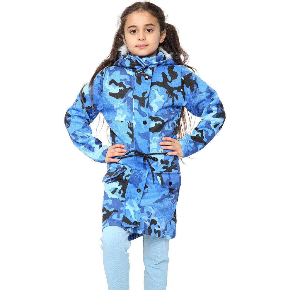 (9-10 Years, Camo Blue) Girls Hooded Camo Blue Parka Jacket Faux Fur Coat