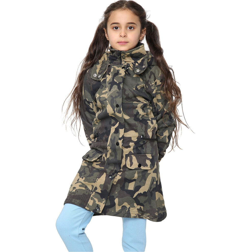 (13 Years, Camo Green) Girls Hooded Camo Green Parka Jacket Faux Fur Coat