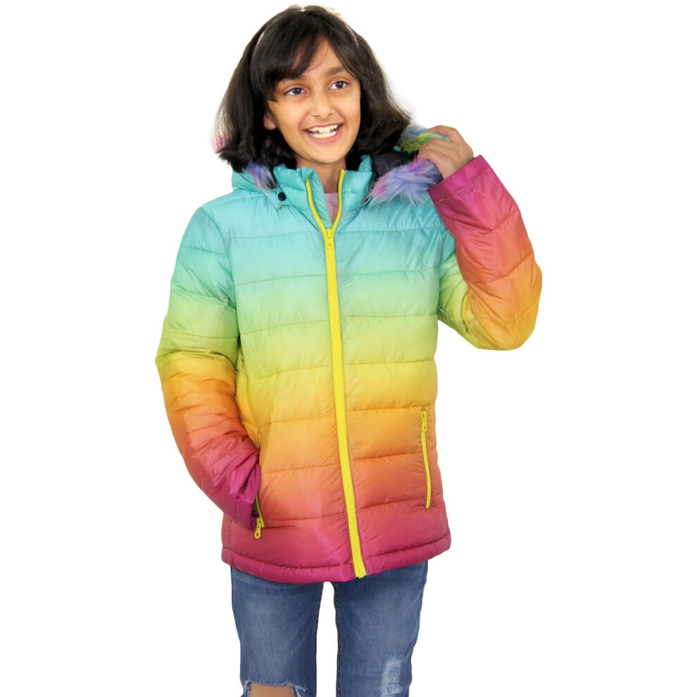 9 10 Years Rainbow Girls Puffer Jacket Faux Fur Hooded 3D Two Tone on OnBuy