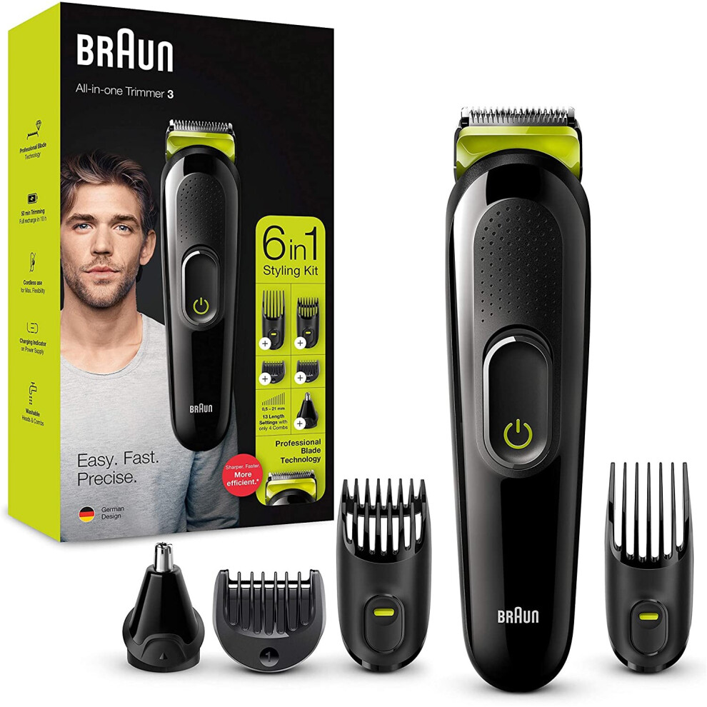Braun 6-In-1 All-In-One Trimmer 3 Mgk3221, Beard Trimmer For Men, Hair Clipper And Face Trimmer With Lifetime Sharp Blades, Ear & Nose Trimmer Head, 5