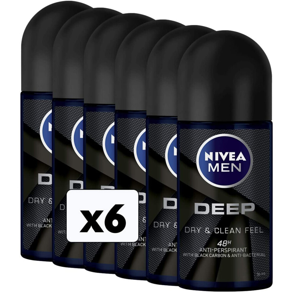 NIVEA Men Deep Deodorant Roll-On, 6 Packs of 50 ml - 300 ml