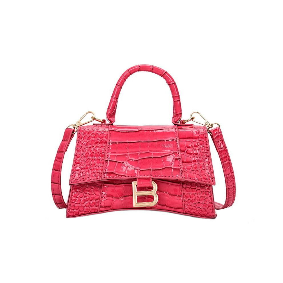 (RoseRed) 6 Colors Women Pu Leather Hourglass Handbag Alligator Metal Shoulder Bags 